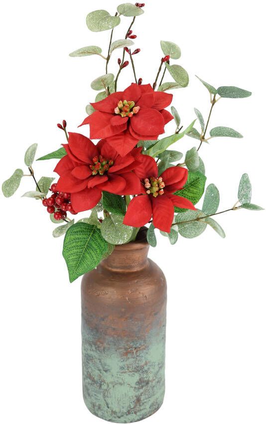 I.GE.A. Winterse kunstplant Arrangement met poinsettia in keramische vaas met eucalyptus takken