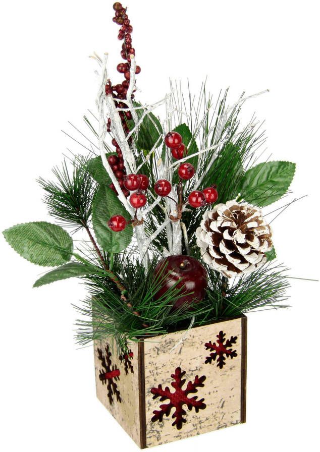 I.GE.A. Winterse kunstplant Kerstarrangement met appel in pot winterarrangement Kunstbloemenstuk met kegels bessen en decoratieve takken kerstdecoratie (1 stuk)