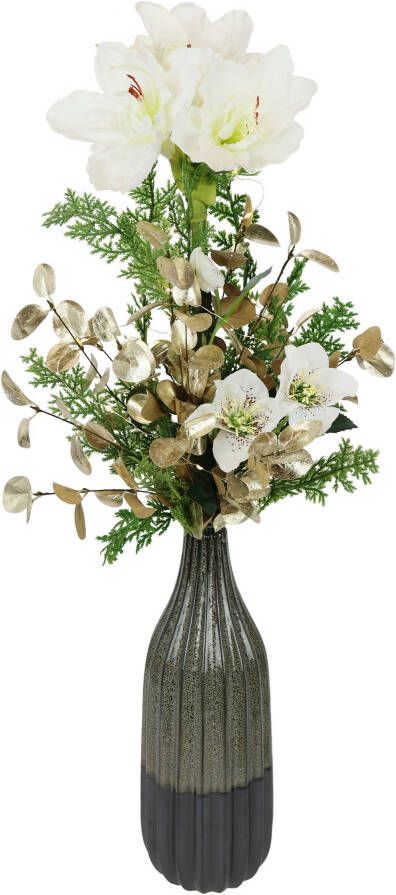 I.GE.A. Winterse kunstplant mit Amaryllis in Vase aus Keramik Blumen-Arrangement LED-Beleuchtung (1 stuk)