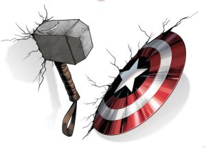 Komar Wandfolie Avengers hamer & Shield 100 x 70 cm (4 stuks)