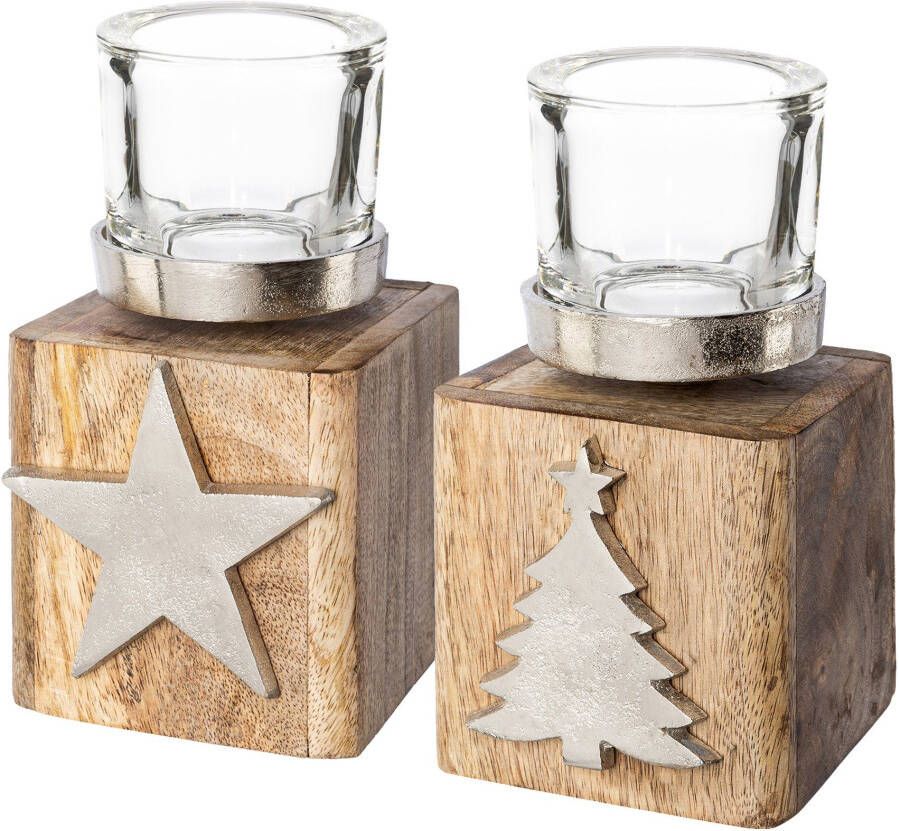 my home Waxinelichthouder Dennenboom en ster kerstversiering (set 2 stuks)