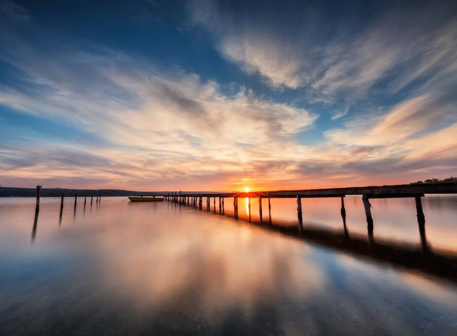 Papermoon Fotobehang Lake Sunset Wooden pier