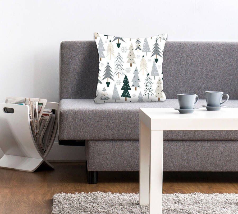 Queence Sierkussen Diddle Kussenhoes witte achtergrond kerstbomen kerst feestelijk (1 stuk)