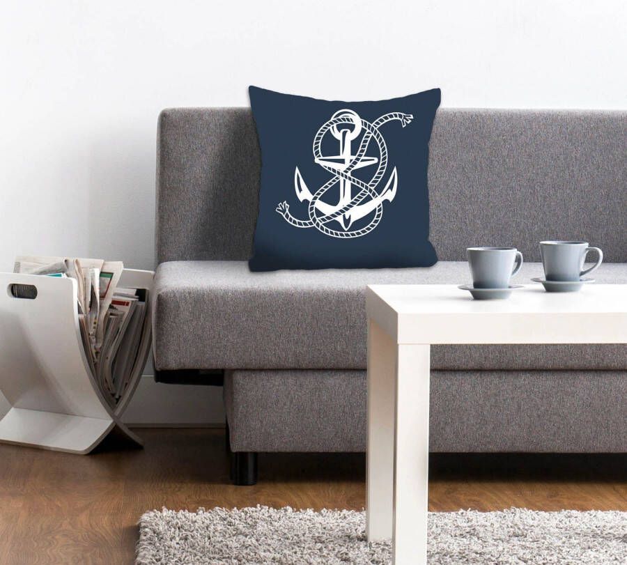 queence Sierkussen Jessica Kussenhoes anker touw maritiem nautisch strand zomer blauw wit (1 stuk)