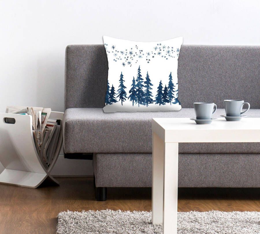 Queence Sierkussen Kathi Kussenhoes kerstbomen witte achtergrond aquarel blauw (1 stuk)