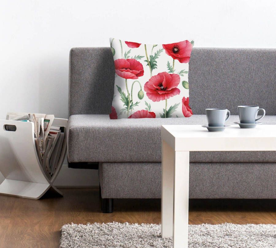 Queence Sierkussen Leon Kussenhoes klaprozen rood bloemen floraal natuur decoratief levendig (1 stuk)
