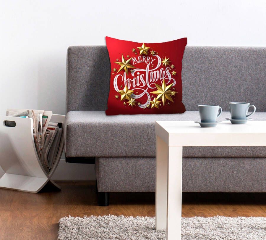 Queence Sierkussen Stars Kussenhoes Vrolijk Kerstfeest rood kerst feestelijk uitspraak (1 stuk)