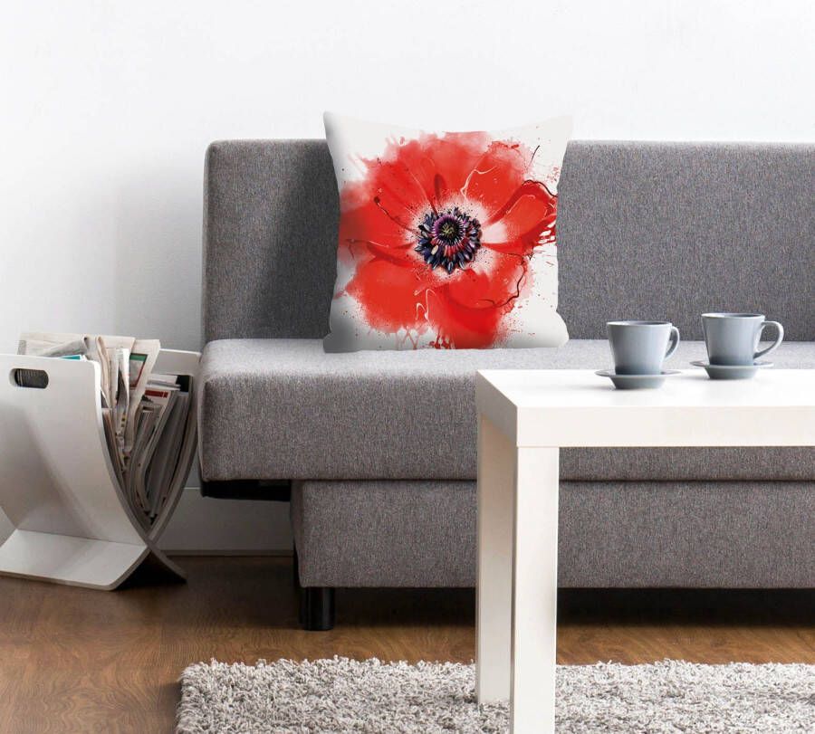 Queence Sierkussen Vicky Kussenhoes witte achtergrond klaprozen floraal ontwerp delicaat rood (1 stuk)