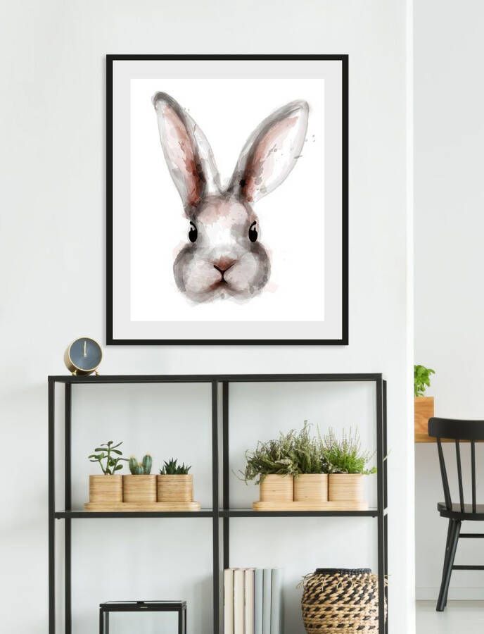 Queence Wanddecoratie Aquarel konijntje HD premium posterdruk incl. houten lijst (1 stuk)