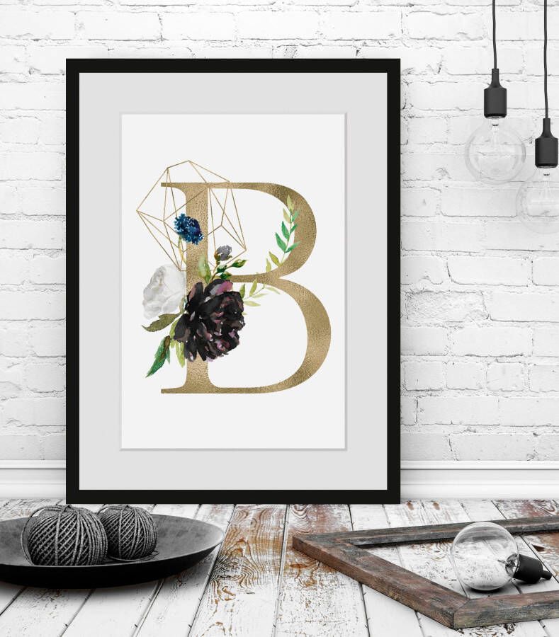 Queence Wanddecoratie Letter b HD premium posterdruk incl. houten lijst (1 stuk)