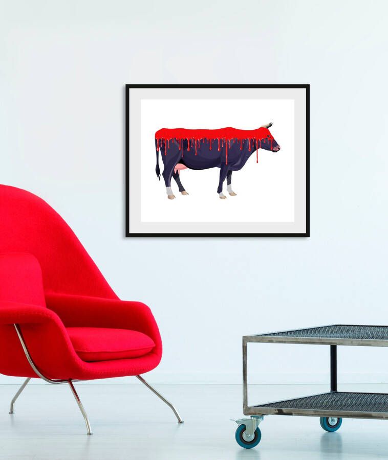 Queence Wanddecoratie Bloody Cow HD premium posterdruk incl. houten lijst (1 stuk)