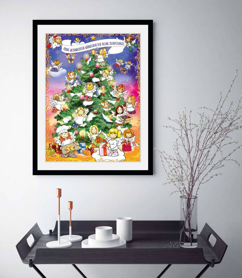 Queence Wanddecoratie Kerstboom HD premium posterdruk incl. houten lijst (1 stuk)