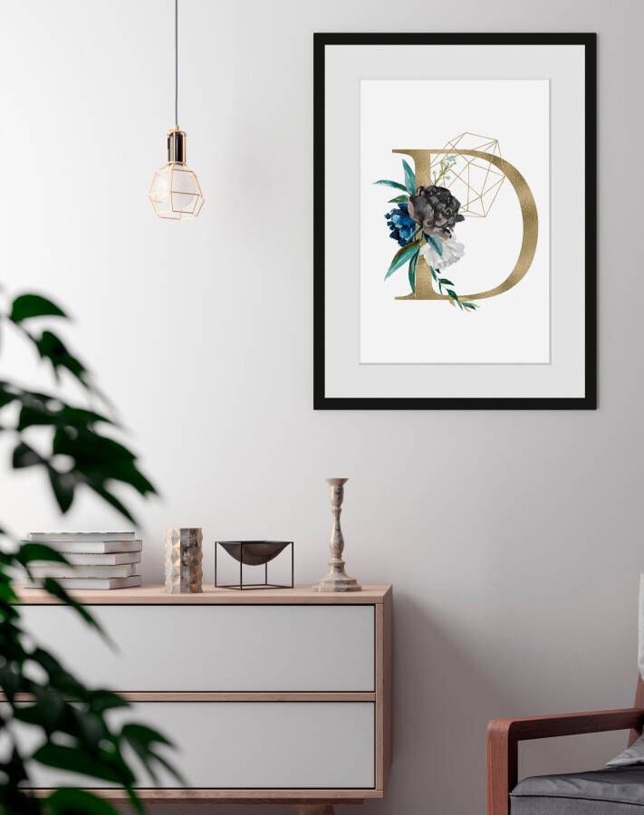 Queence Wanddecoratie Letter d HD premium posterdruk incl. houten lijst (1 stuk)