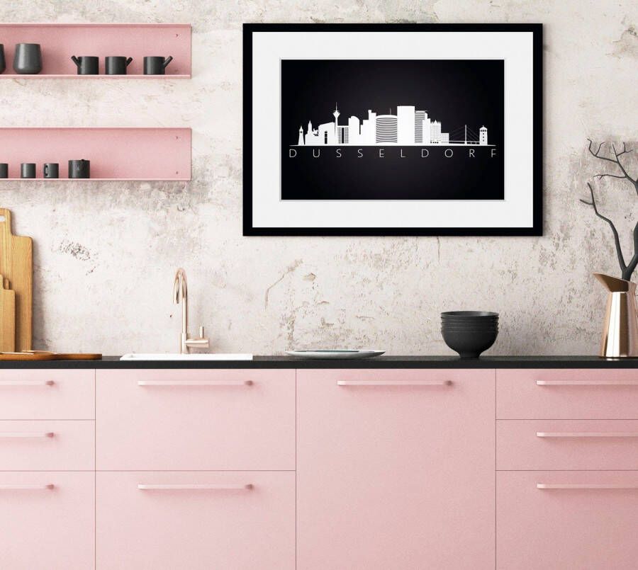 Queence Wanddecoratie Düsseldorf bezienswaardigheden HD premium posterdruk incl. houten lijst (1 stuk)