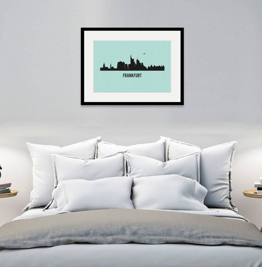 Queence Wanddecoratie Frankfurt skyline HD premium posterdruk incl. houten lijst (1 stuk)