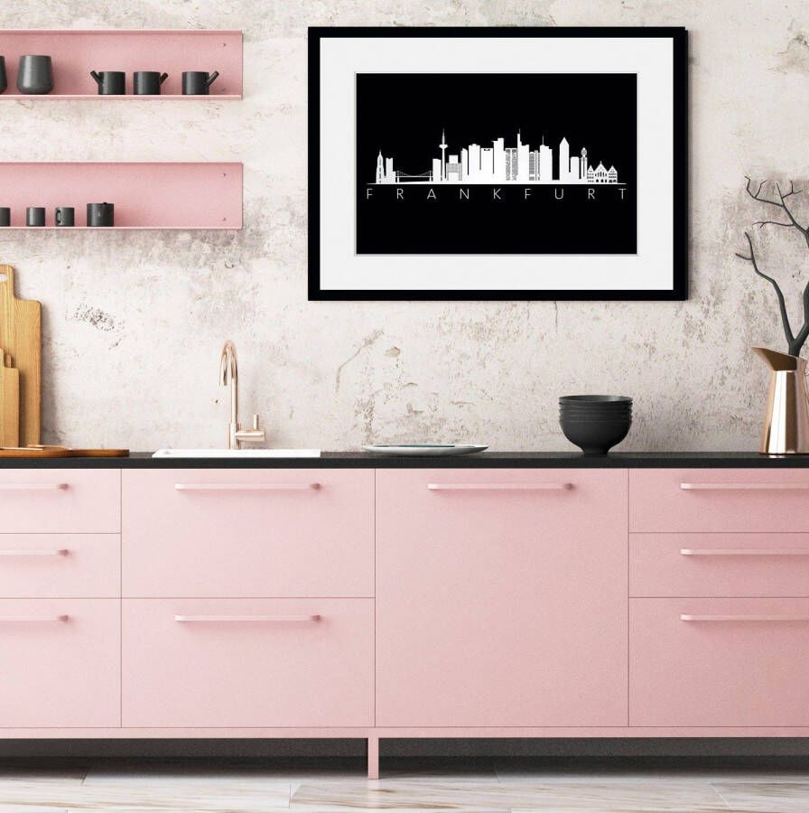 Queence Wanddecoratie Frankfurt skyline BLACK HD premium posterdruk incl. houten lijst (1 stuk)