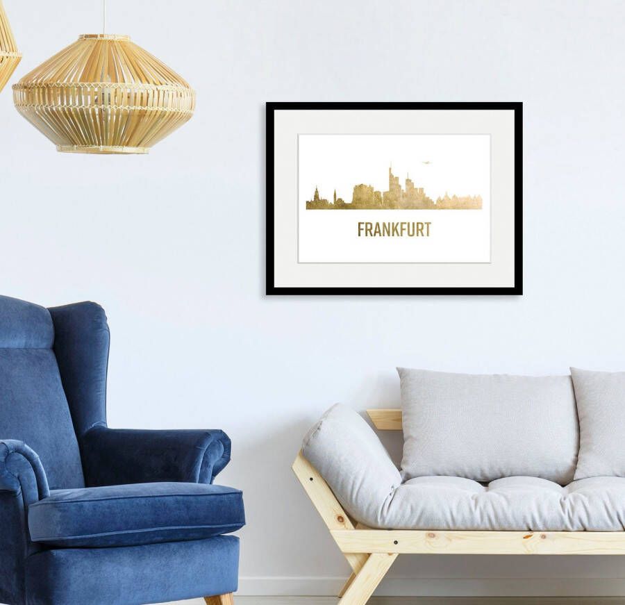 Queence Wanddecoratie Frankfurt skyline GOLD HD premium posterdruk incl. houten lijst (1 stuk)