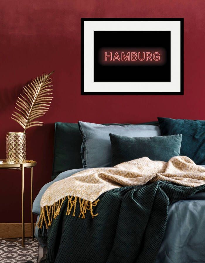 Queence Wanddecoratie Hamburg LIGHTS HD premium posterdruk incl. houten lijst (1 stuk)