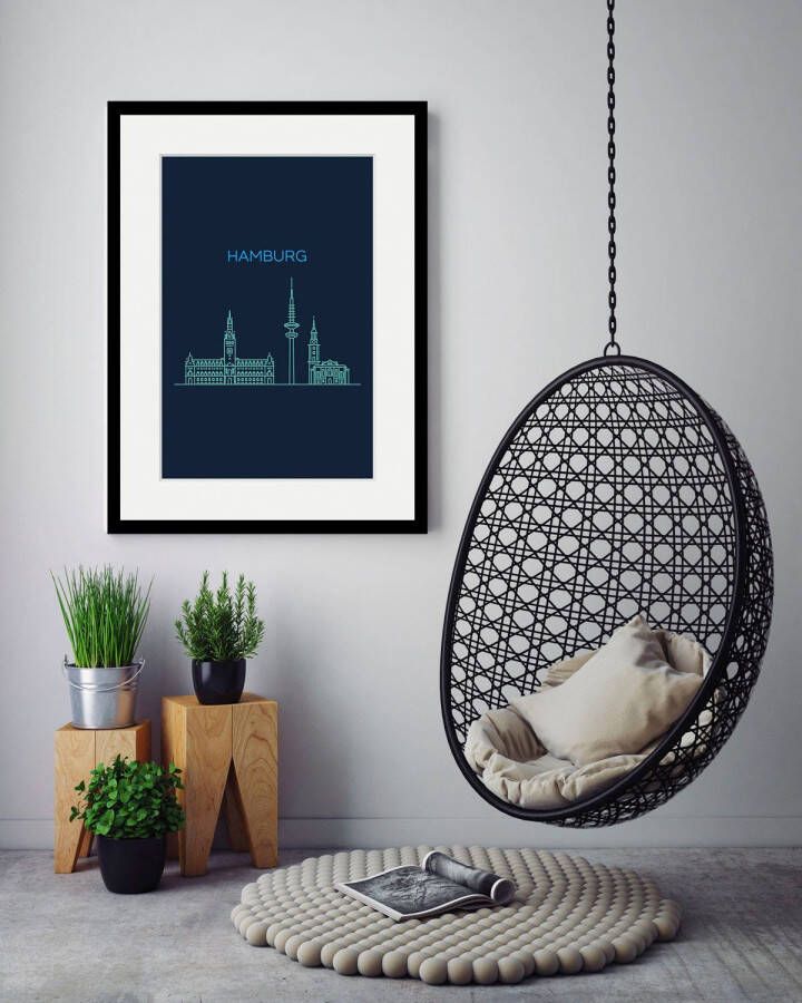 Queence Wanddecoratie Hamburg Sightseeing HD premium posterdruk incl. houten lijst (1 stuk)