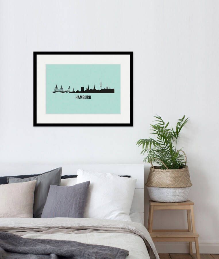 Queence Wanddecoratie Hamburg Skyline HD premium posterdruk incl. houten lijst (1 stuk)