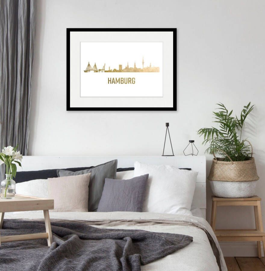 Queence Wanddecoratie Hamburg Skyline goud HD premium posterdruk incl. houten lijst (1 stuk)