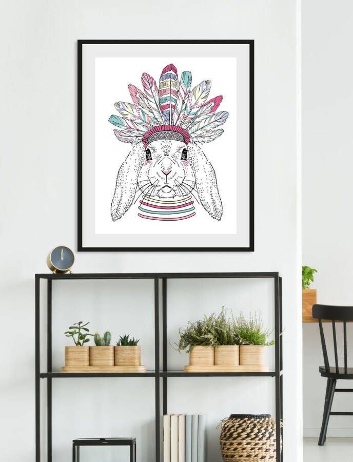 Queence Wanddecoratie Indiana Bunny HD premium posterdruk incl. houten lijst (1 stuk)