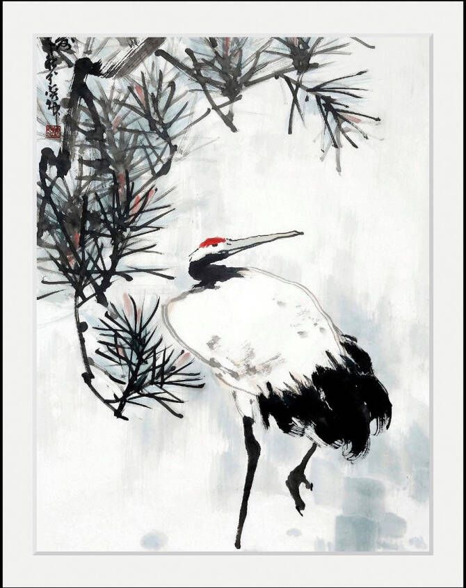 Queence Wanddecoratie Kraanvogel HD premium posterdruk incl. houten lijst