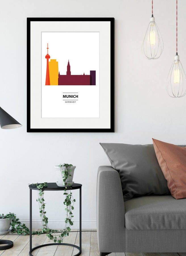 Queence Wanddecoratie München Skyline kleurig HD premium posterdruk incl. houten lijst (1 stuk)