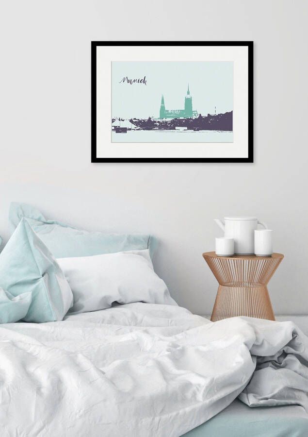 Queence Wanddecoratie Munich tekening HD premium posterdruk incl. houten lijst (1 stuk)