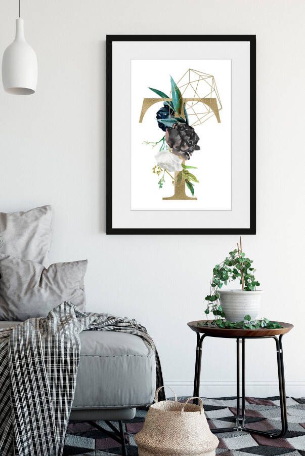queence Wanddecoratie Letter met bloemen HD premium posterdruk incl. houten lijst (1 stuk)