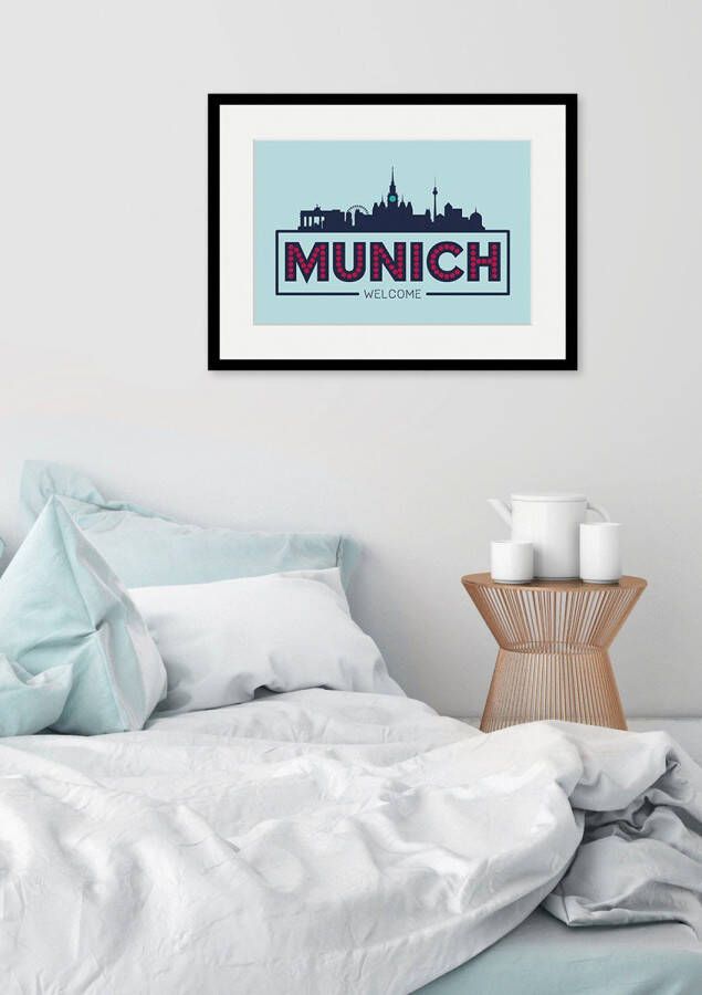 Queence Wanddecoratie Welcome Munich HD premium posterdruk incl. houten lijst (1 stuk)