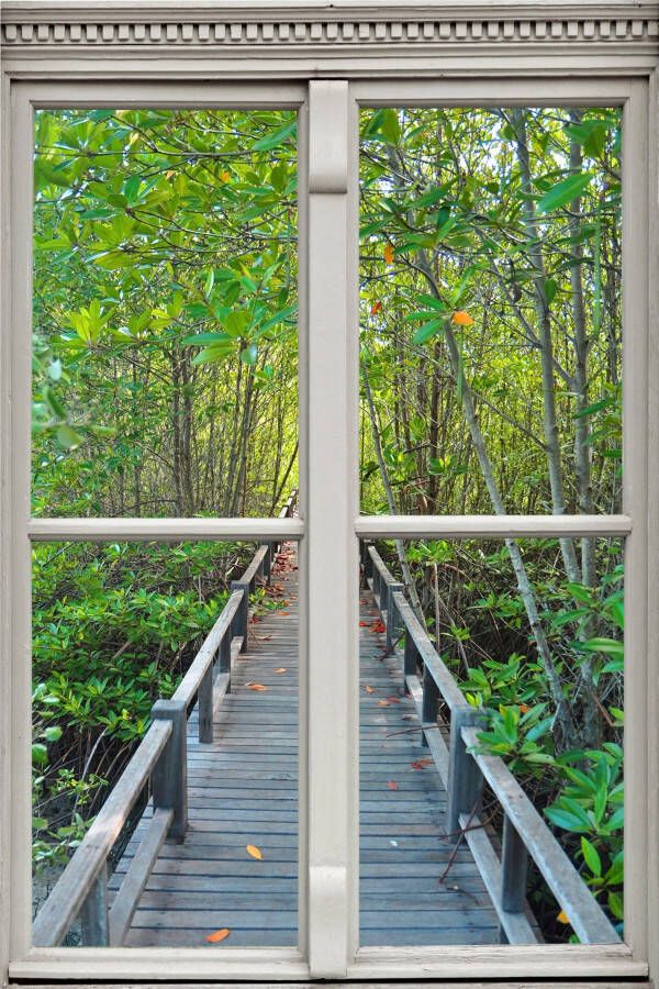 Queence Wandfolie Brug in het bos Muursticker muurdecoratie zelfklevend 3D raam