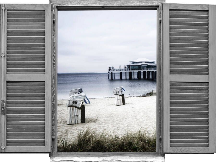 Queence Wandfolie Strandstoelen aan de zee Muursticker muurdecoratie zelfklevend 3D raam (1 stuk)