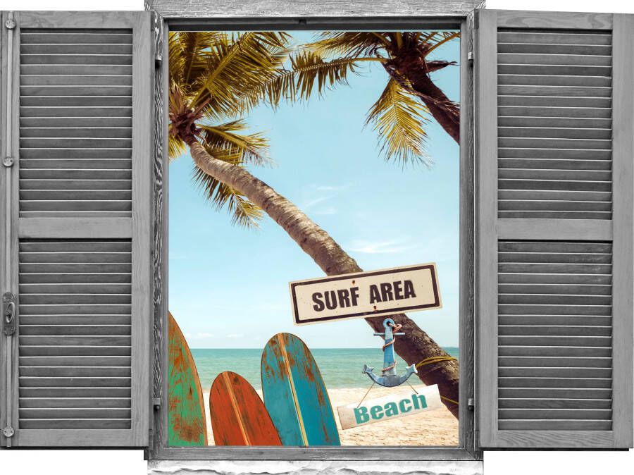 Queence Wandfolie Surf Beach Muursticker muurdecoratie zelfklevend 3D raam (1 stuk)