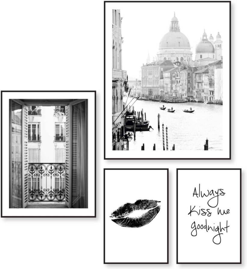 Reinders! Artprint Liefde Frankrijk Italië vintage kus tekst (4-delig)