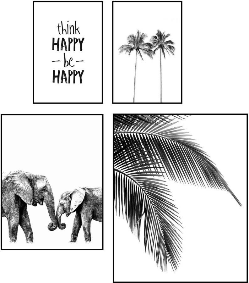 Reinders! Artprint Set artprints Be Happy palm boom modern olifant geluk (4-delig)