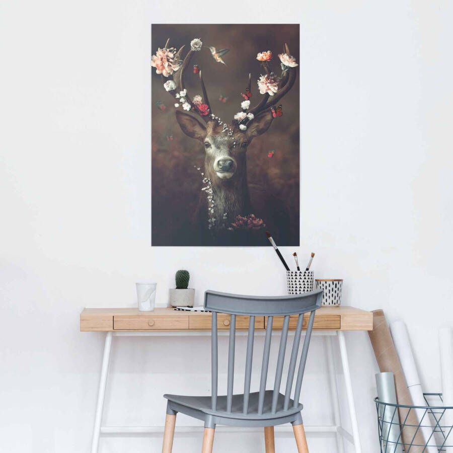 Reinders! Poster Edelhert romantisch kolibrie vlinder bloemenkrans