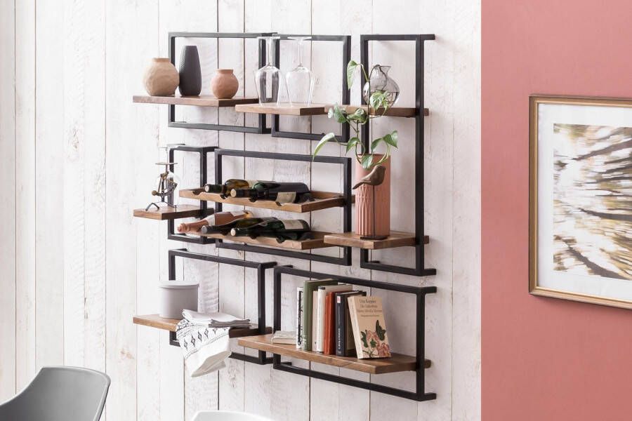 SIT Wandplank Panama Kastenset in industrial-stijl mangohout en metaal (set 7 stuks)