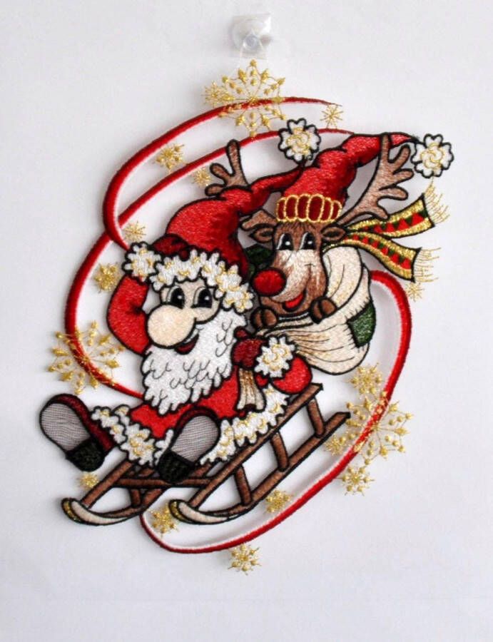 Stickereien Plauen Raamdecoratie Kerstman met slede (1 stuk)
