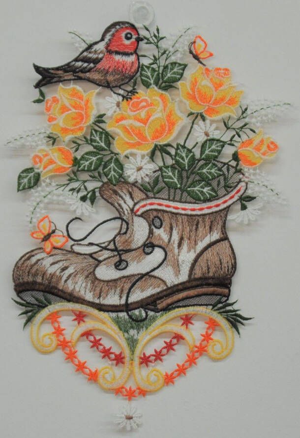 Stickereien Plauen Raamdecoratie Plantenbak met vogel (1 stuk)