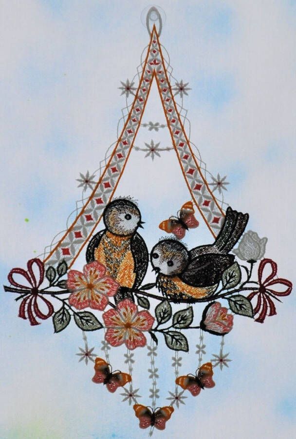 Stickereien Plauen Raamdecoratie Vogels met vlinder (1 stuk)