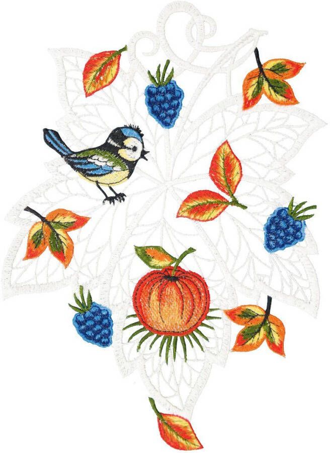 W. Reuter & Sohn Plauener Spitze Raamdecoratie "herfstblad met vogel" in kleur