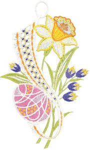W. Reuter & Sohn Plauener Spitze Vensterbeeld Raamdecoratie "narcis en ei" in kleur