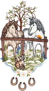 W. Reuter & Sohn Plauener Spitze Vensterbeeld Raamdecoratie "span paarden" in kleur