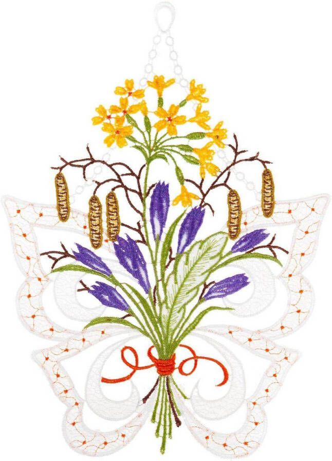 W. Reuter & Sohn Plauener Spitze Vensterbeeld Raamdecoratie "vlinder met bloemen" in kleur