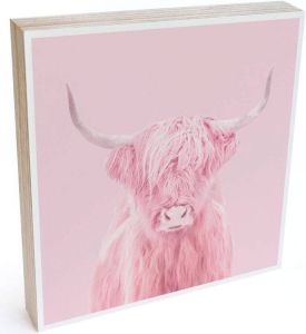 Wall-Art Artprint op hout Decoratie roze Highland Cow (1 stuk)