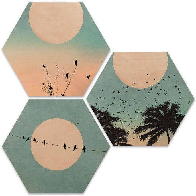 Wall-Art Artprint op hout Hexagon artprint op hout zonsopkomst (set 3 stuks)
