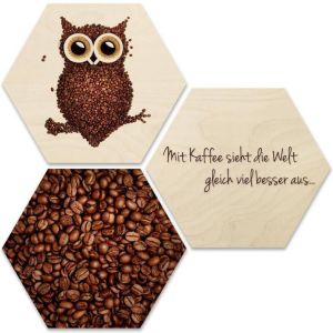 Wall-Art Meerdelige artprint Collage koffie uil houten deco (set 3 stuks)