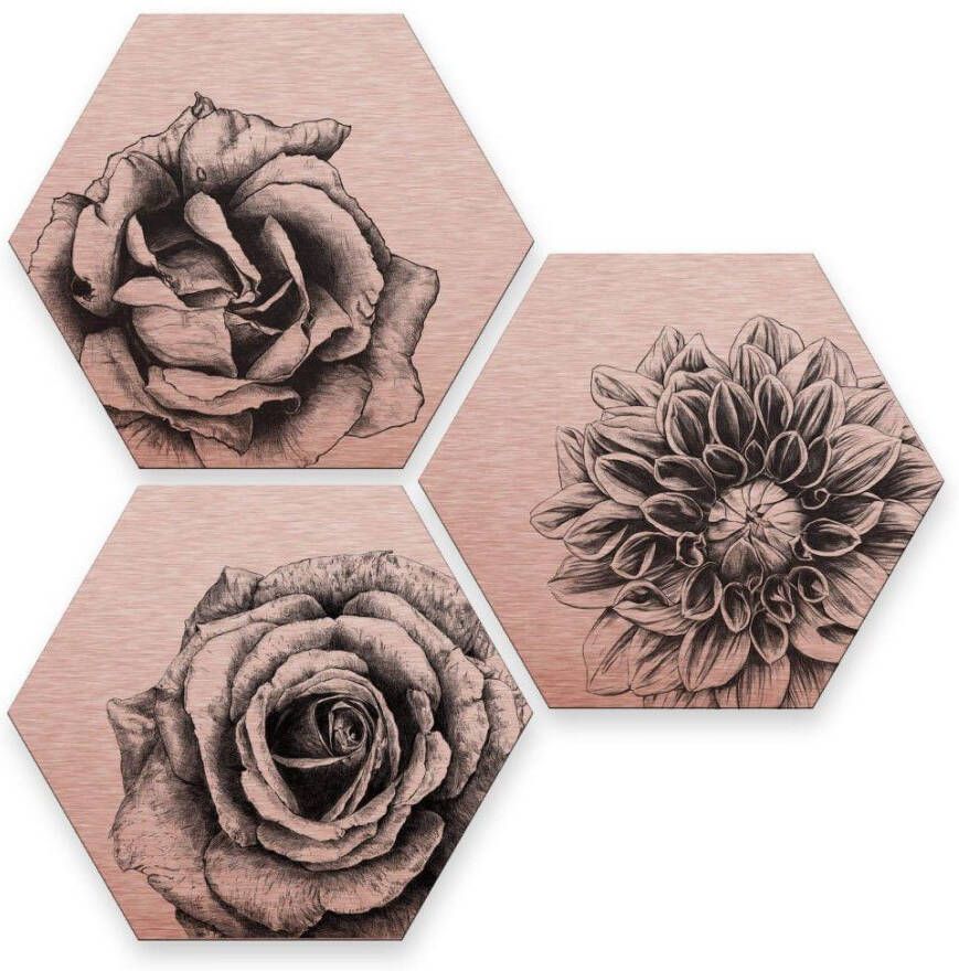 Wall-Art Meerdelige artprint Gebloemde bloemen set koperkleur (set 3-delig)