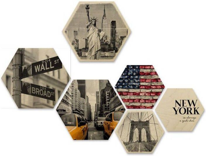 Wall-Art Meerdelige artprint New York collage stad houten decoratie (set 6-delig)
